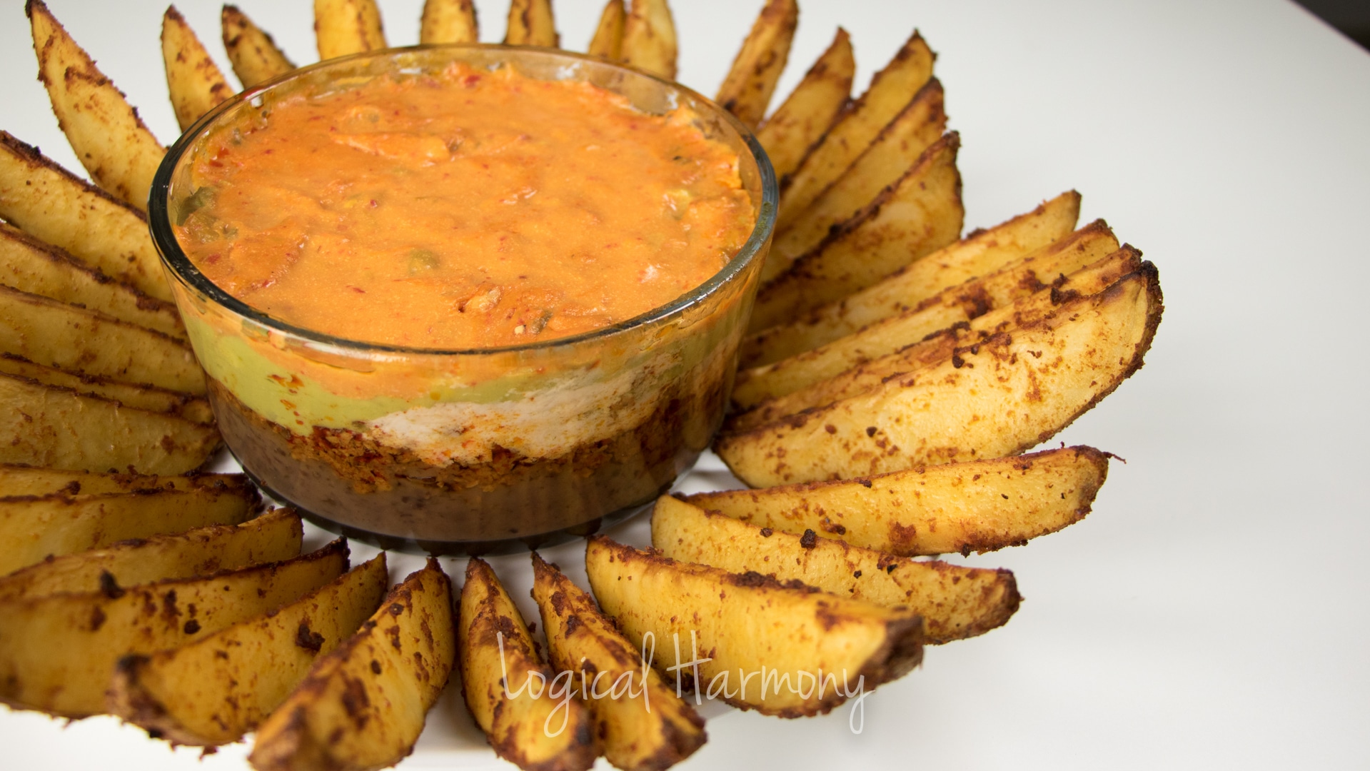 Layered Nacheez Vegan Nacho Dip with Seasoned Potato Wedges